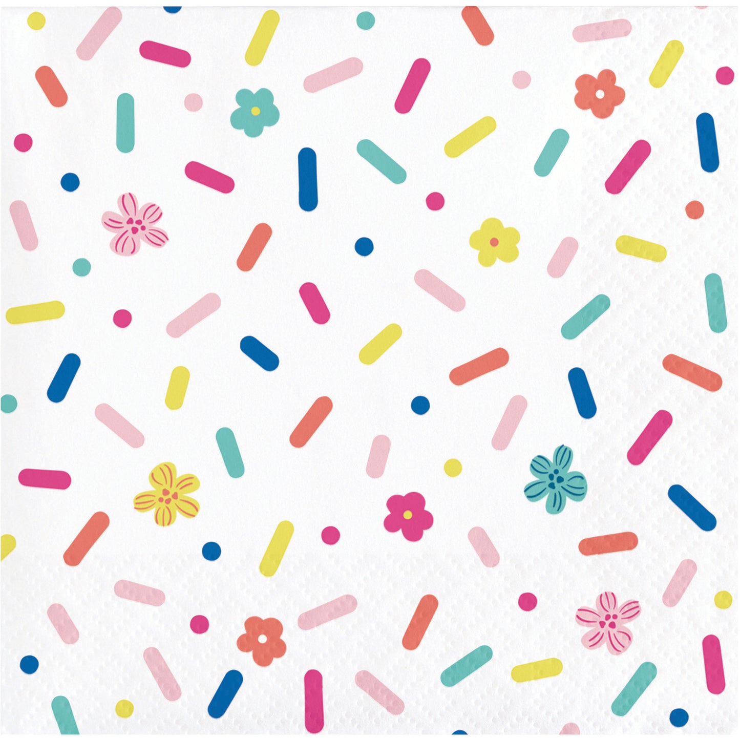 Napkin with colorful sprinkles and flowers on a white background
