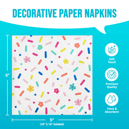 Decorative paper napkin with colorful sprinkles and flower pattern on a blue background with infographic and dimensions