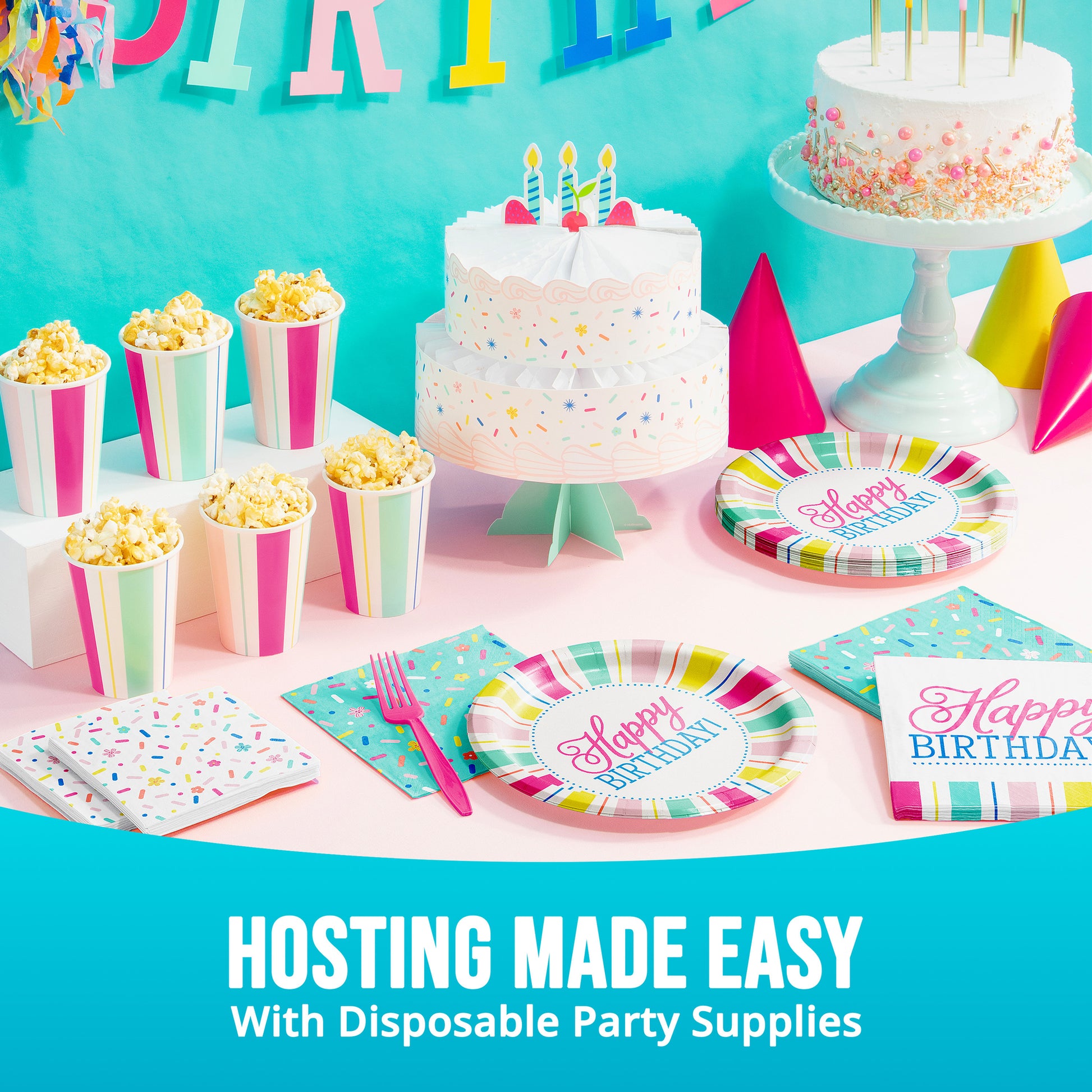 Birthday party setup with cake, candles, and colorful decorations against a turquoise wall with "Hosting made easy with disposable party supplies" text