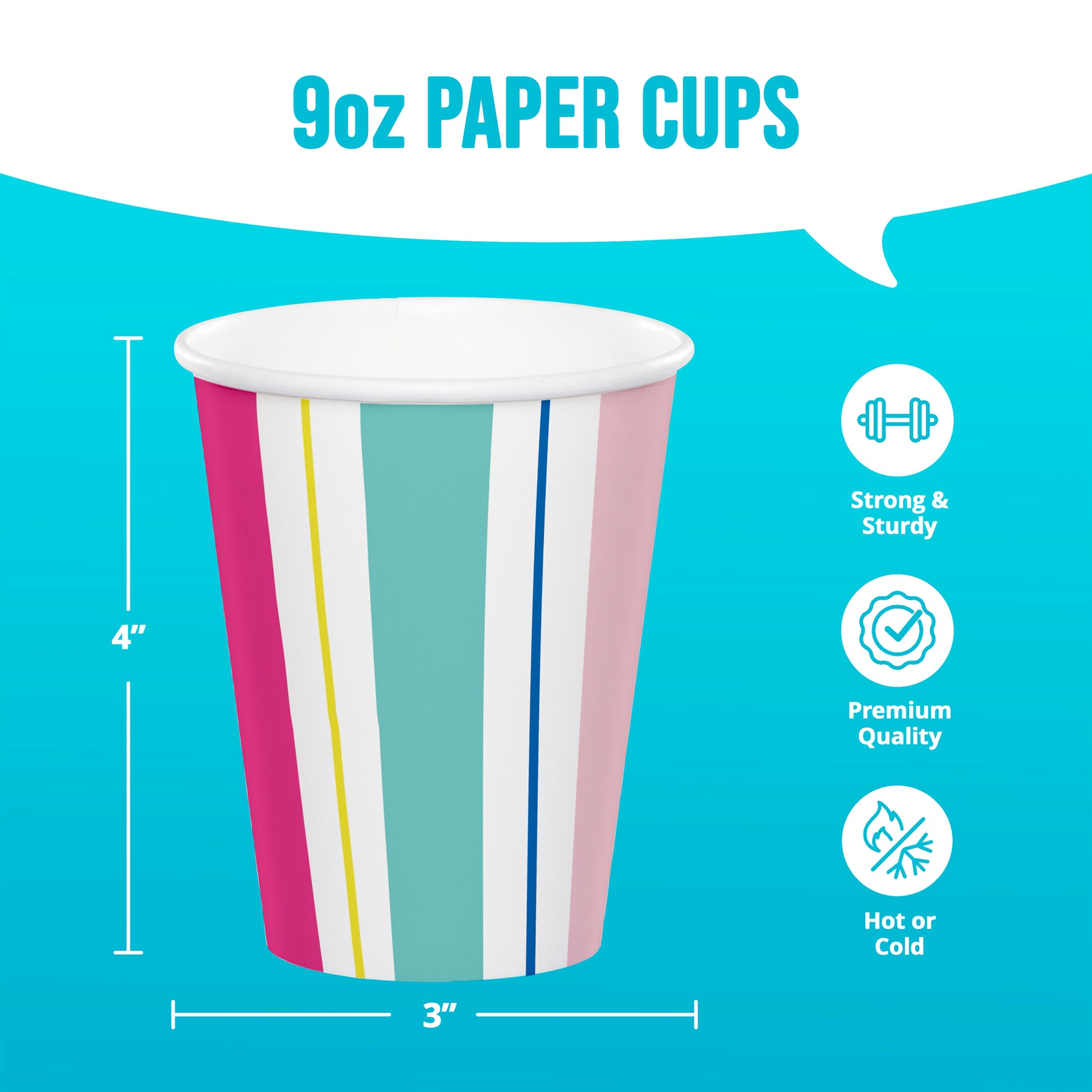 9oz paper cup with colorful stripes on a blue background, featuring text and icons about the product.