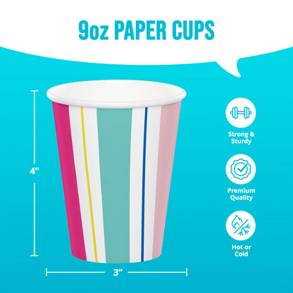 9oz paper cup with colorful stripes on a blue background, featuring text and icons about the product.