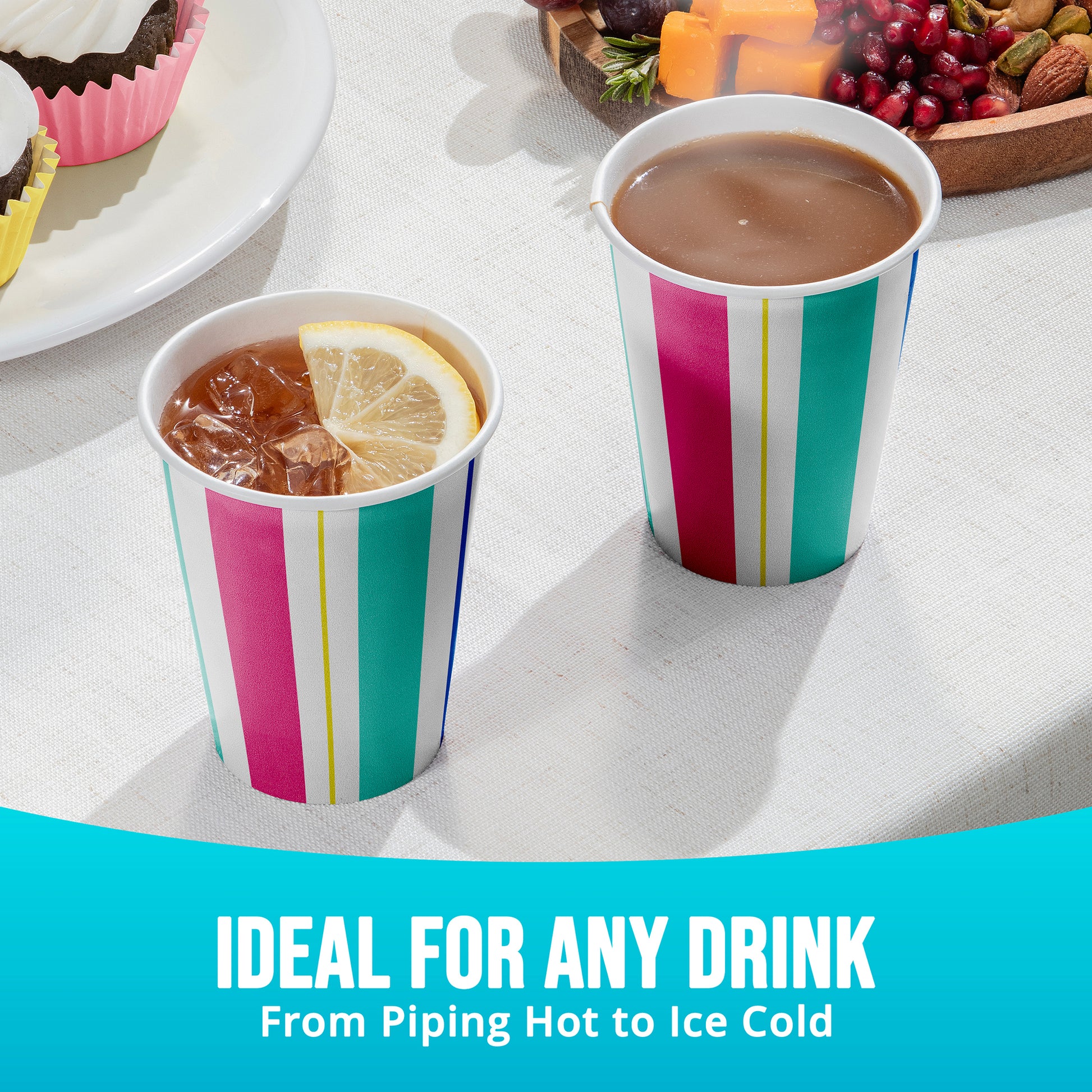Two colorful striped paper cups with drinks on a white surface, surrounded by snacks. "Ideal for any drink" text.