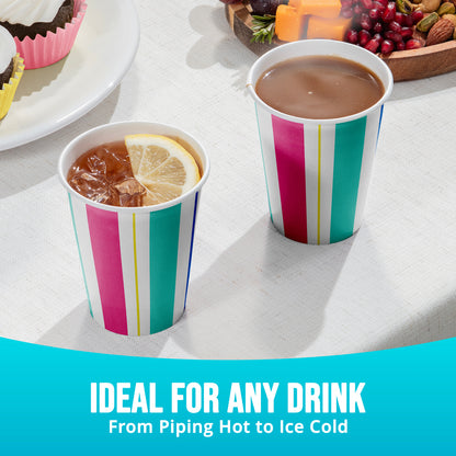 Two colorful striped paper cups with drinks on a white surface, surrounded by snacks. "Ideal for any drink" text.