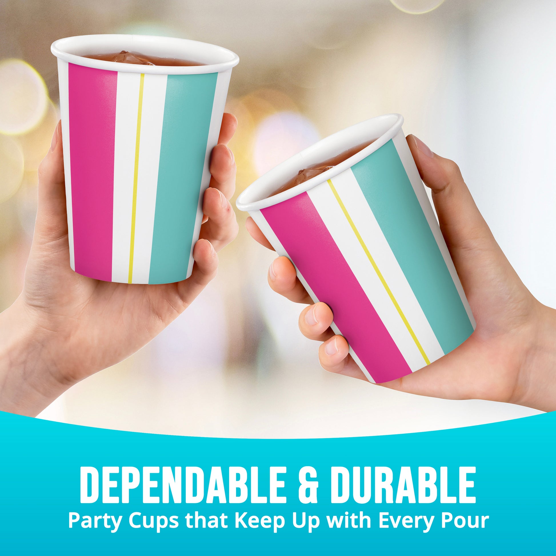 Two hands holding colorful striped paper cups with a blurred background and text about dependability and durability.