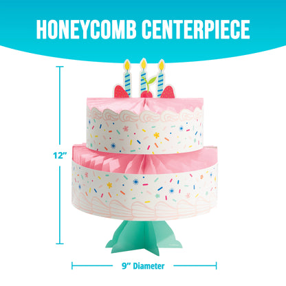 Honeycomb cake centerpiece with candles and measurements on a white background