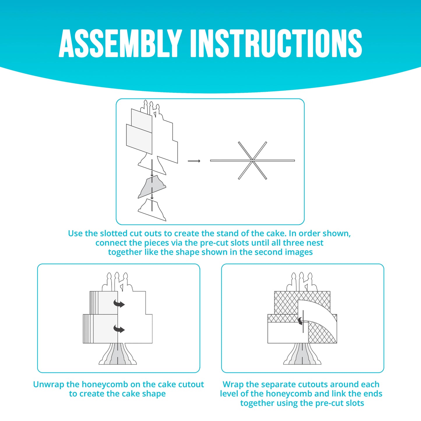 Assembly instructions for creating a cake stand centerpiece using cutouts with pre-cut slots.
