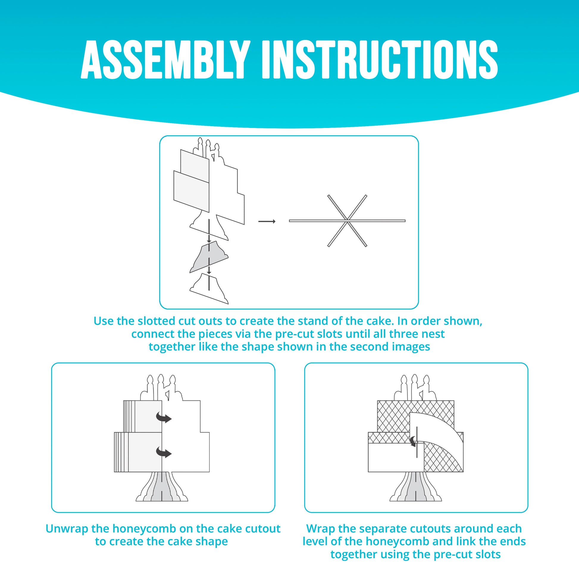 Assembly instructions for creating a cake stand centerpiece using cutouts with pre-cut slots.