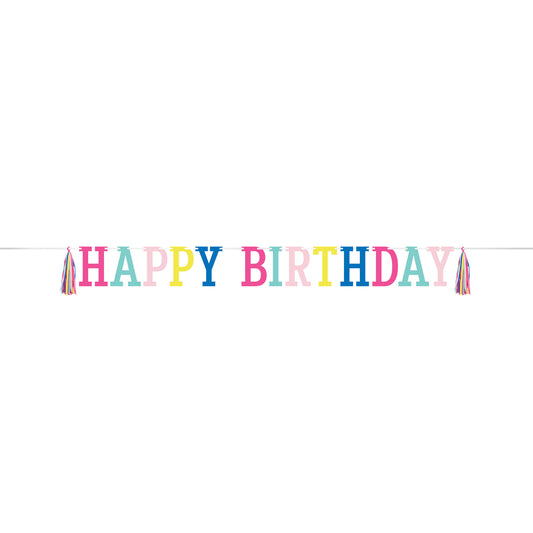 Colorful 'Happy Birthday' text with multicolored tassels on a white background