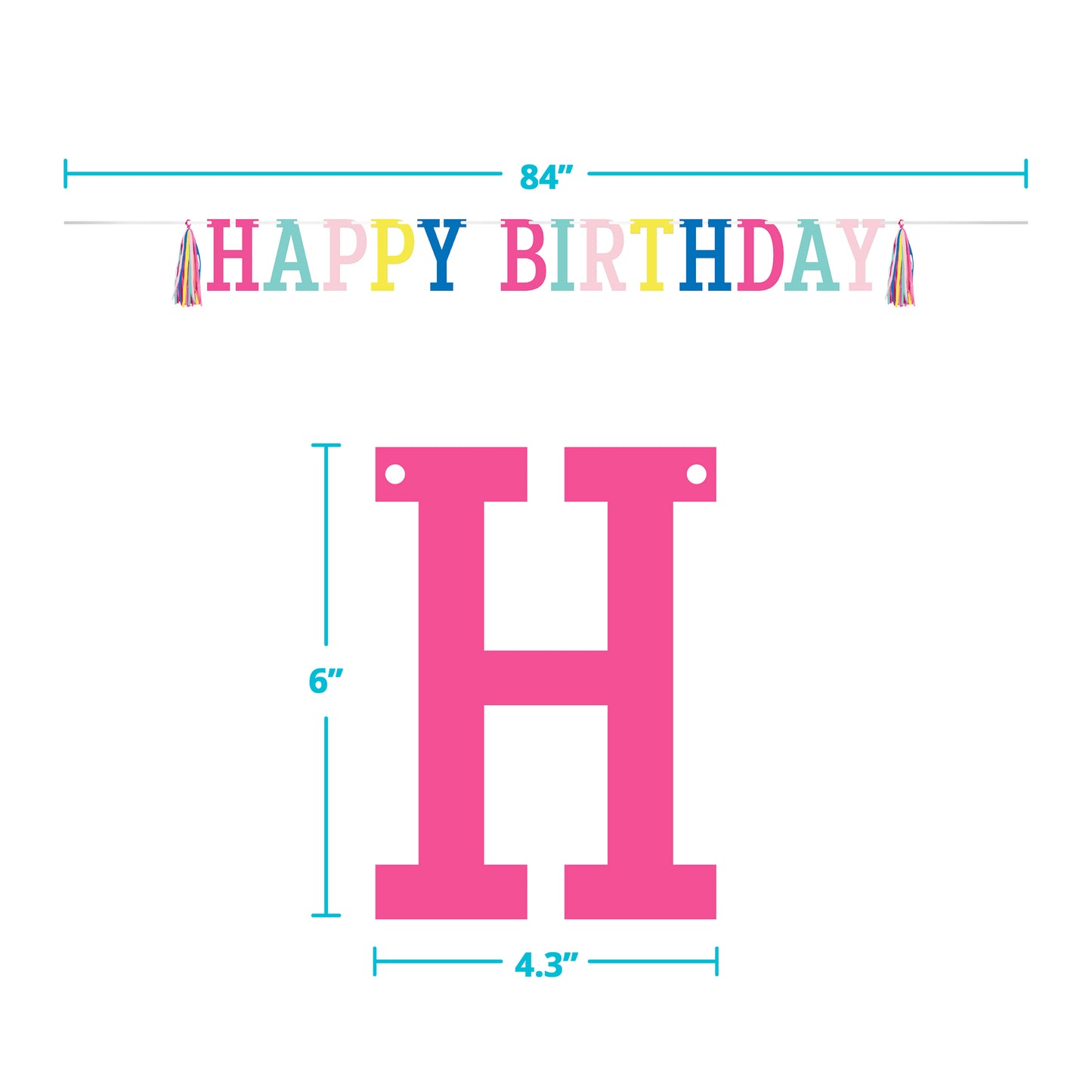Pink letter 'H' with dimensions and 'Happy Birthday' banner on a white background