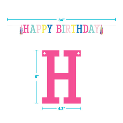 Pink letter 'H' with dimensions and 'Happy Birthday' banner on a white background
