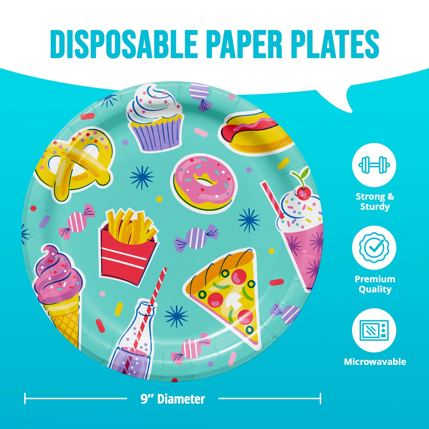 Disposable paper plate with food illustrations on a blue background with dimensions included