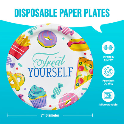 Disposable paper plate with colorful food illustrations and 'Treat Yourself' text on a blue background with dimensions