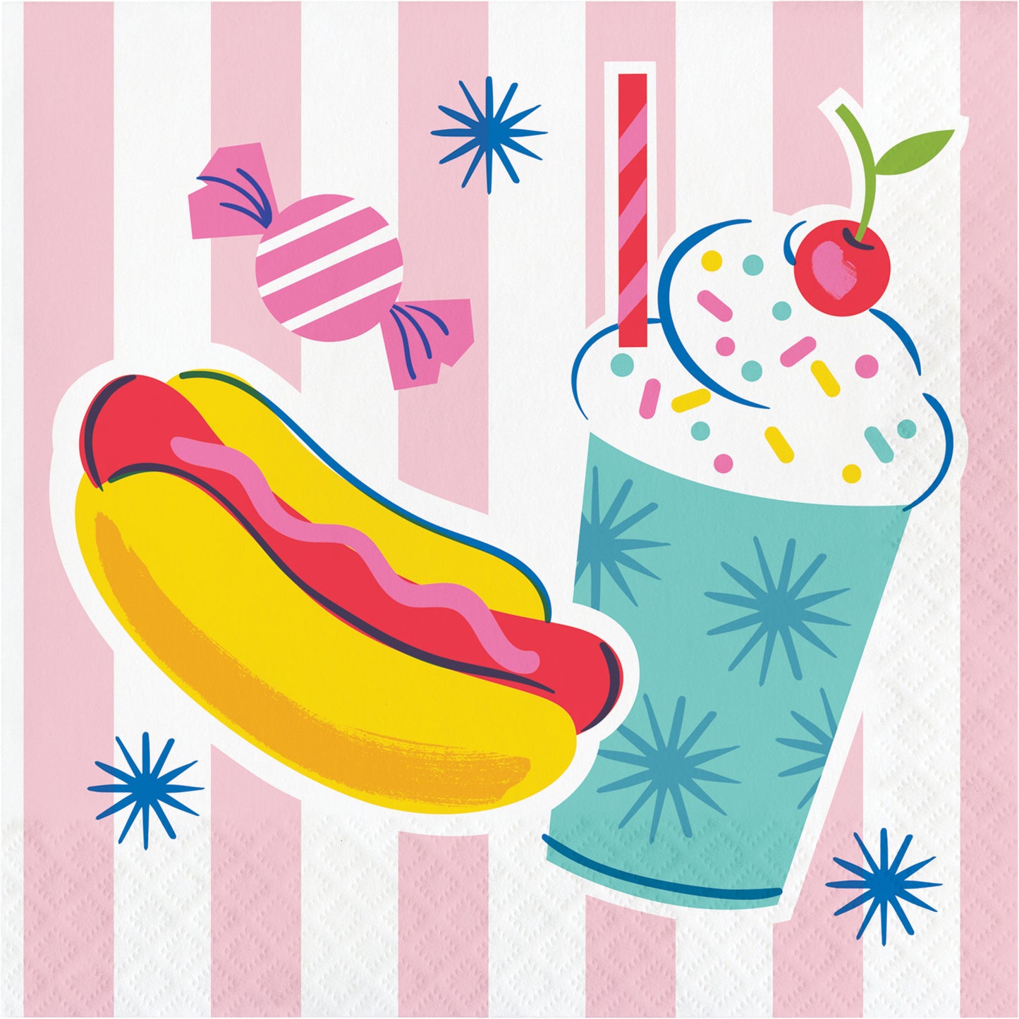 Cartoon hot dog and milkshake on a pink striped napkin