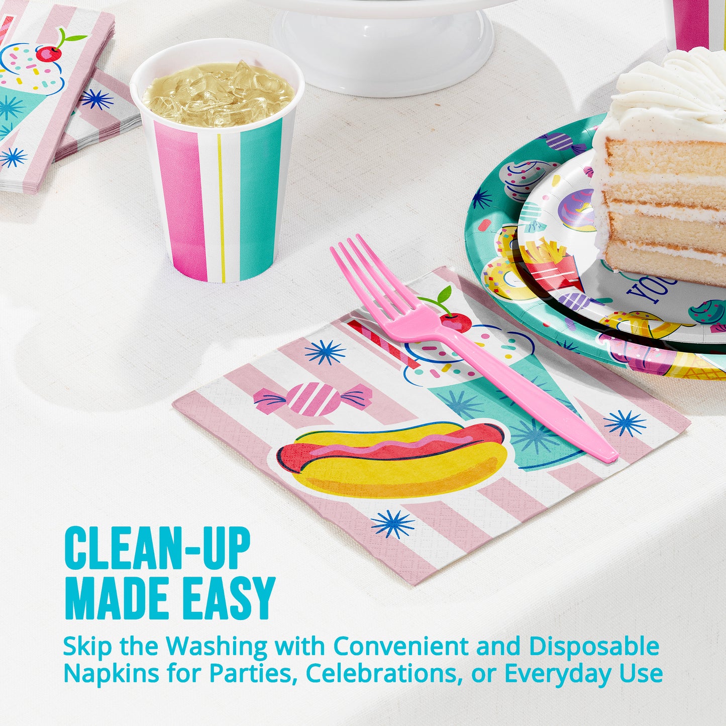 Disposable party supplies including cups, plates, and napkins with a pink fork on a white surface.
