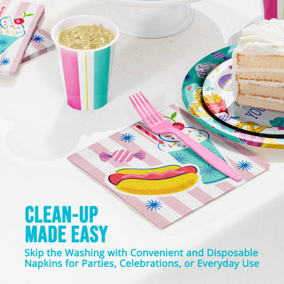 Disposable party supplies including cups, plates, and napkins with a pink fork on a white surface.