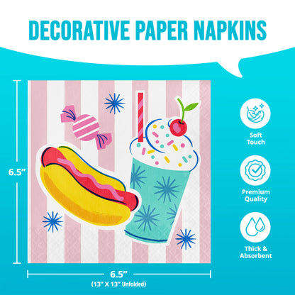 Decorative paper napkins with a hot dog and milkshake design on a striped background, with product features listed.