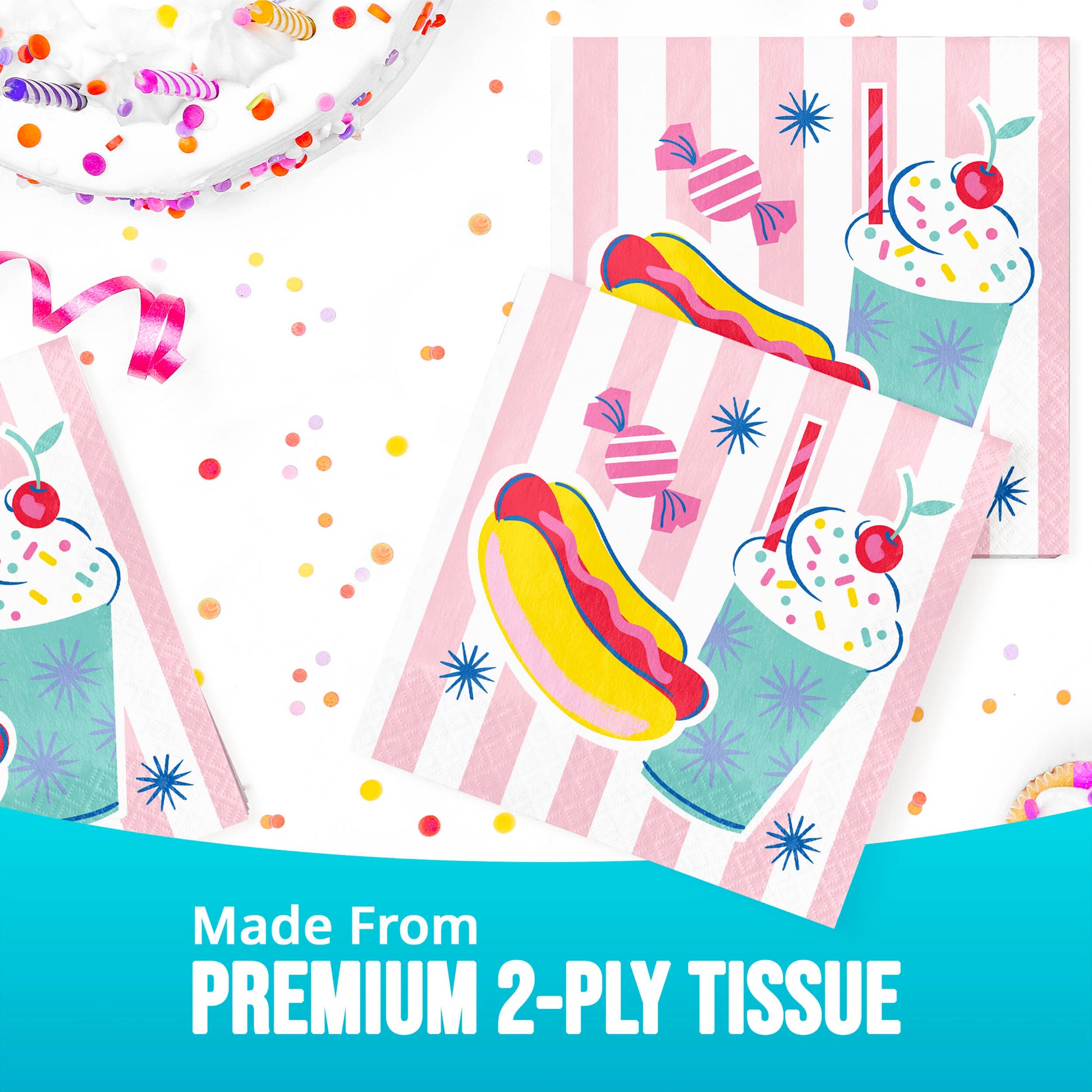 Colorful paper napkin with cartoon hot dog and milkshake on a striped background, labeled 'Made From Premium 2-Ply Tissue'.