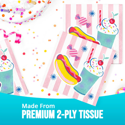 Colorful paper napkin with cartoon hot dog and milkshake on a striped background, labeled 'Made From Premium 2-Ply Tissue'.