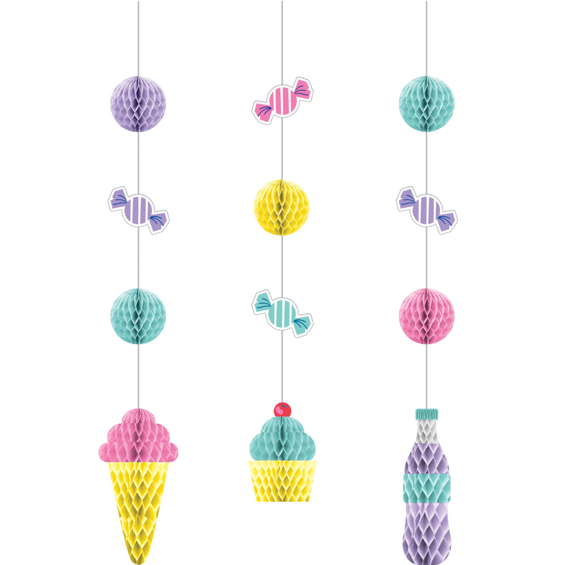 Decorative string with honeycomb balls shaped like ice cream cone, bottle, and candy on a white background