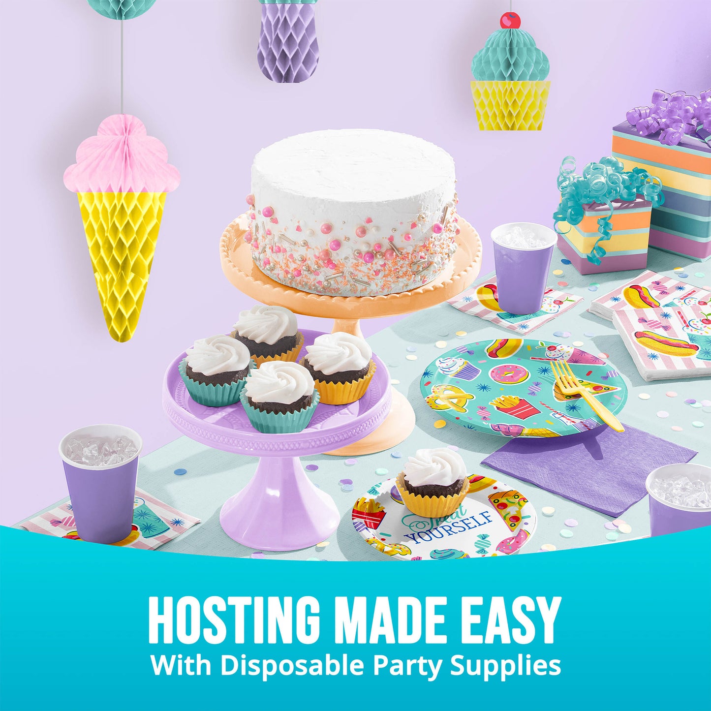 Disposable party supplies including a cake, cupcakes, plates, and cups on a table with a colorful background and "Hosting Made Easy with Disposable Party Supplies" text
