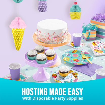 Disposable party supplies including a cake, cupcakes, plates, and cups on a table with a colorful background and "Hosting Made Easy with Disposable Party Supplies" text