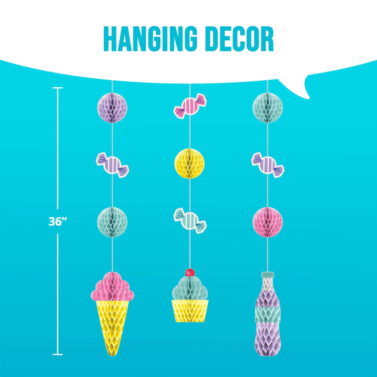 Colorful hanging decor items with a measurement indicator on a blue background