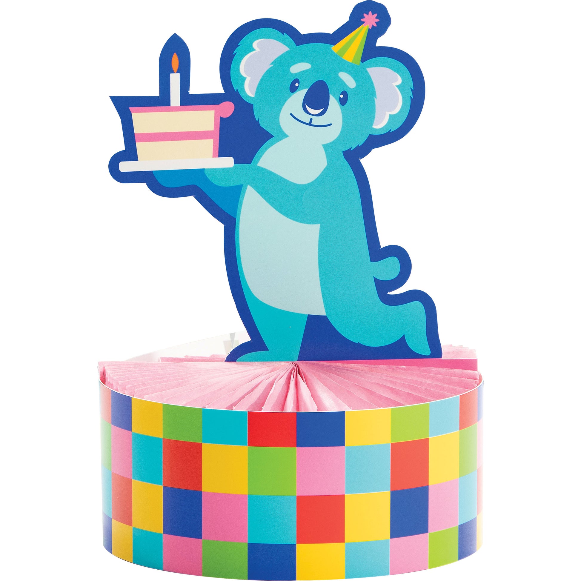 Colorful honeycomb birthday cake topper with a cartoon koala holding a cake on a white background