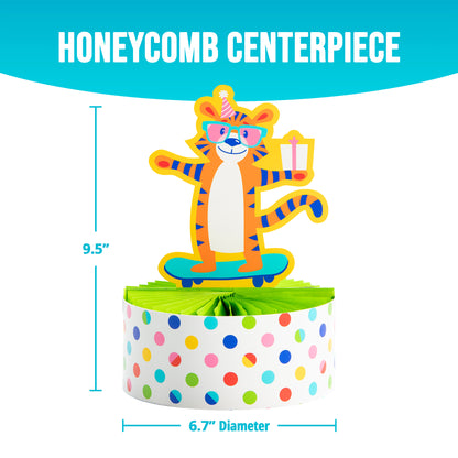 Colorful honeycomb centerpiece with a cartoon tiger character with dimensions on a white background