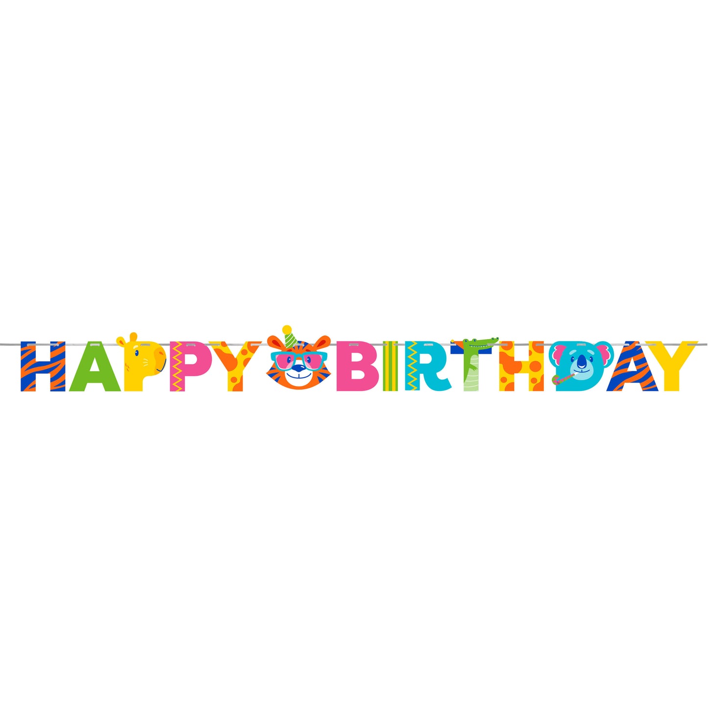 Colorful 'Happy Birthday' banner with cartoon animals on a white background