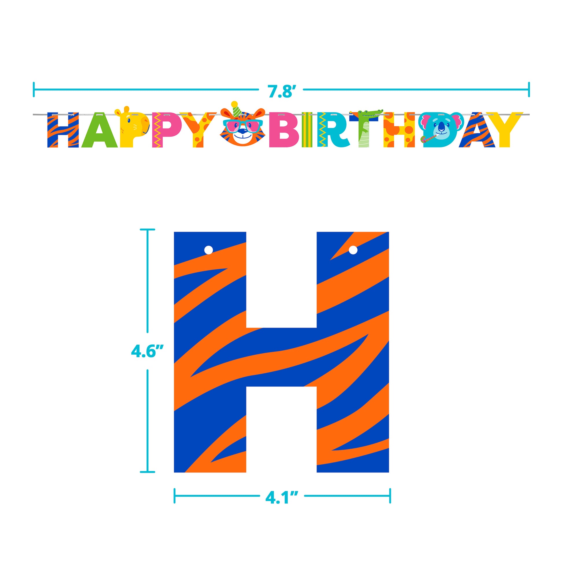 Colorful 'Happy Birthday' banner with a large letter 'H' with dimensions on a white background