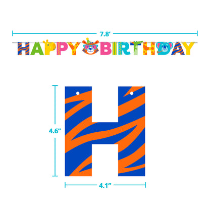 Colorful 'Happy Birthday' banner with a large letter 'H' with dimensions on a white background