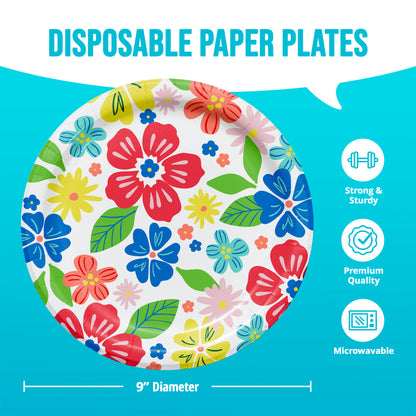 Floral-patterned disposable paper plate with product features on a blue background with dimensions