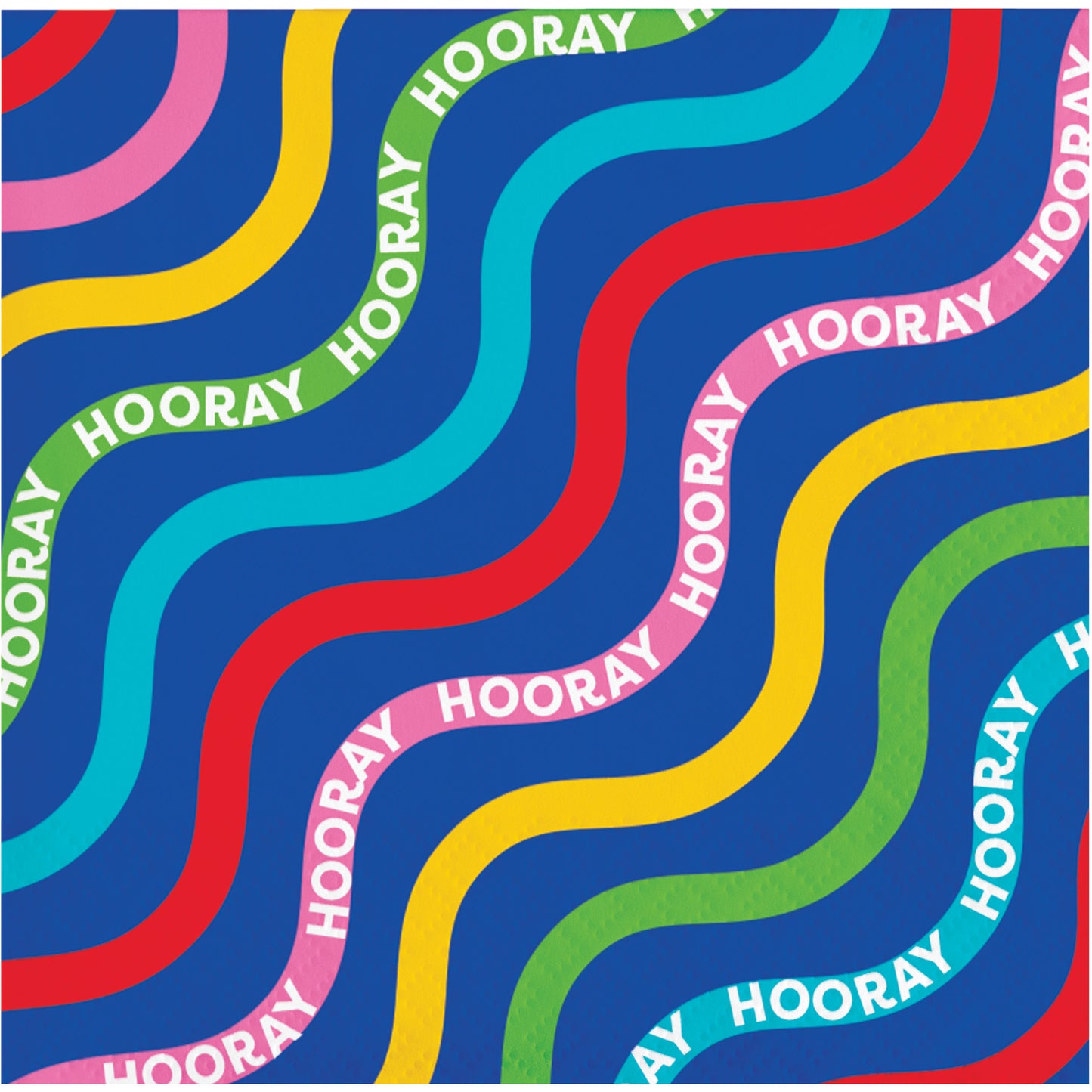 Beverage napkin featuring a colorful wavy pattern with 'HOORAY' text on a blue background