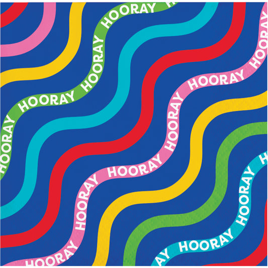Beverage napkin featuring a colorful wavy pattern with 'HOORAY' text on a blue background