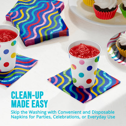 Colorful disposable napkins and cups on a table with text 'Clean-up Made Easy'.