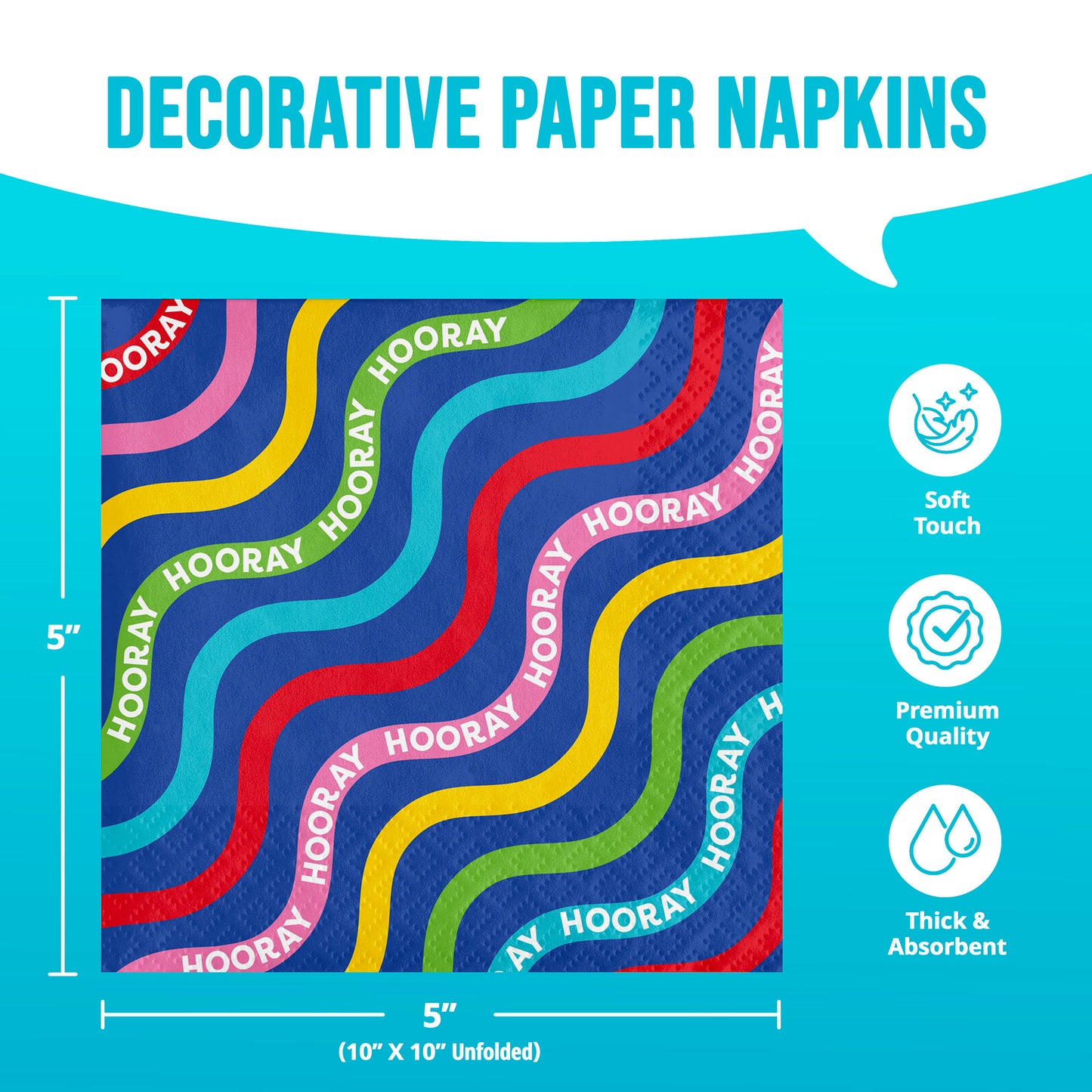 Decorative paper napkins with colorful, wavy 'HOORAY' text on a blue background, featuring product details.