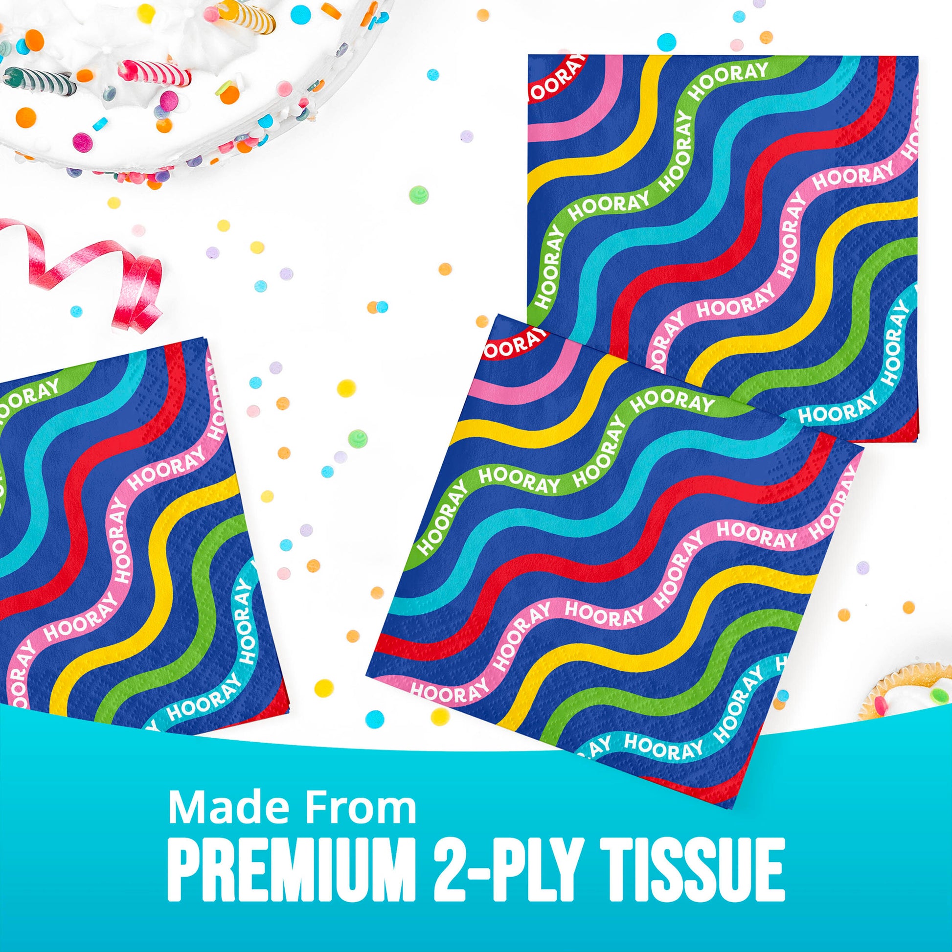 Colorful tissue paper with 'HOORAY' text and premium 2-ply text on a white background with "Made from premium 2-ply tissue".
