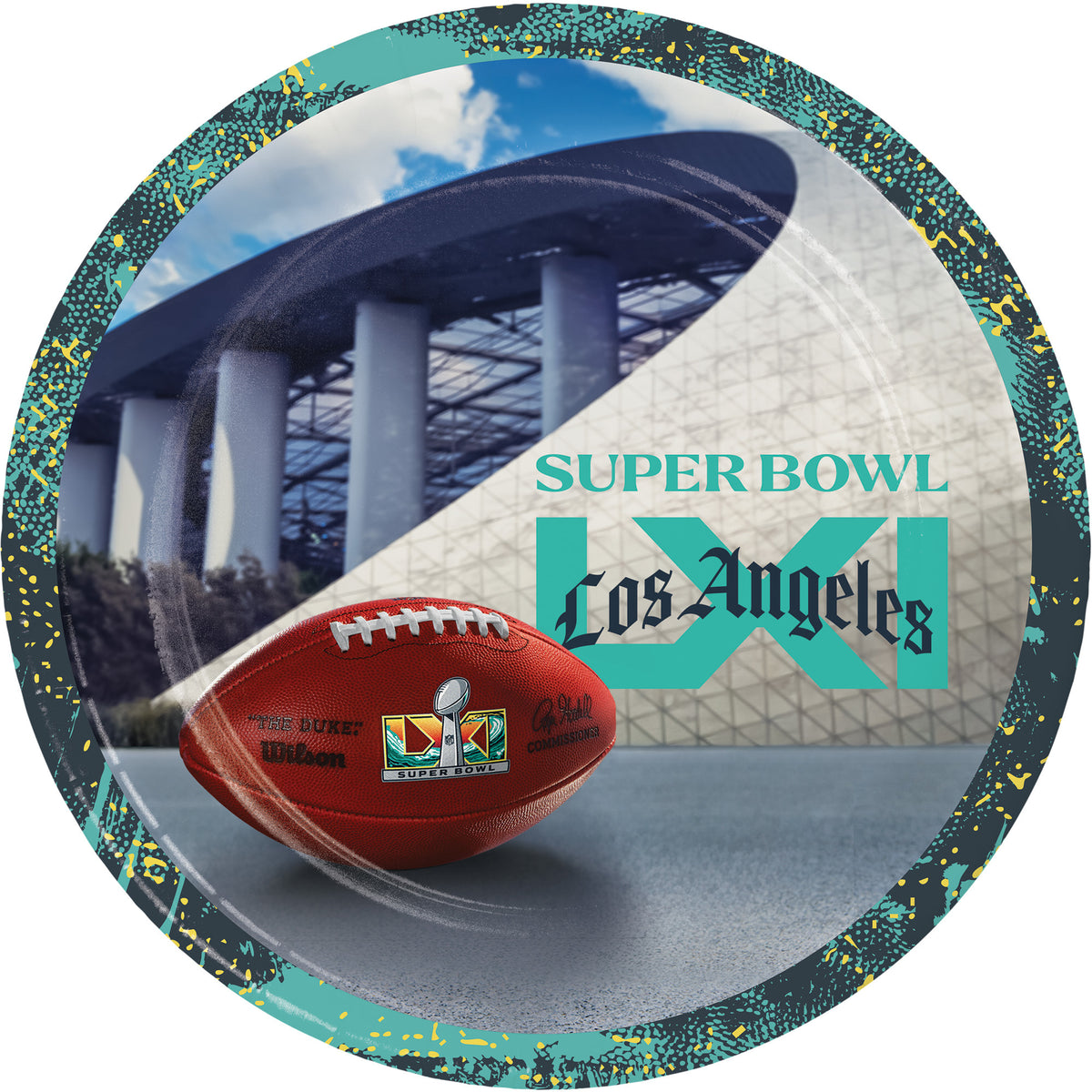 NFL Super Bowl LXI plate with a football, Super Bowl logo and "Los Angeles" text overlaid on the top with SoFi Stadium in the background