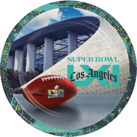 NFL Super Bowl LXI plate with a football, Super Bowl logo and "Los Angeles" text overlaid on the top with SoFi Stadium in the background