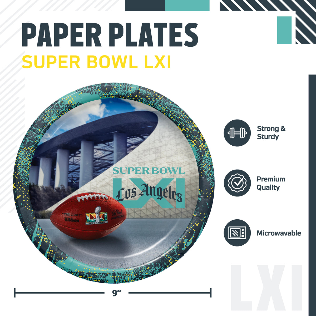 NFL Super Bowl LXI themed paper plates, featuring a 9-inch round plate with a blue, grey, and yellow rim and the Super Bowl LXI logo with "Los Angeles" text overlaid on top, a football, and SoFI stadium in the background. The image includes product specifications and feature icons on a white back