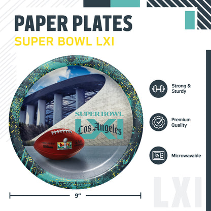 NFL Super Bowl LXI themed paper plates, featuring a 9-inch round plate with a blue, grey, and yellow rim and the Super Bowl LXI logo with "Los Angeles" text overlaid on top, a football, and SoFI stadium in the background. The image includes product specifications and feature icons on a white back