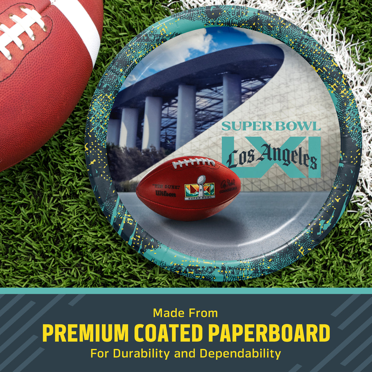 Super Bowl LXI themed paper plate on a green turf background next to a football, with a text banner at the bottom reading 'Made from PREMIUM COATED PAPERBOARD'.