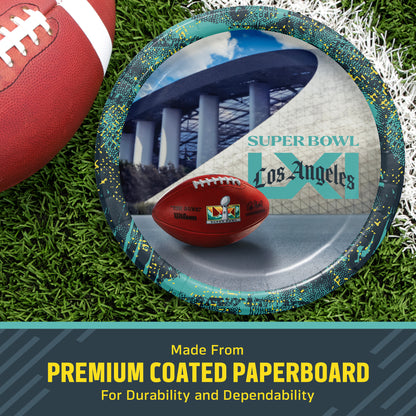 Super Bowl LXI themed paper plate on a green turf background next to a football, with a text banner at the bottom reading 'Made from PREMIUM COATED PAPERBOARD'.