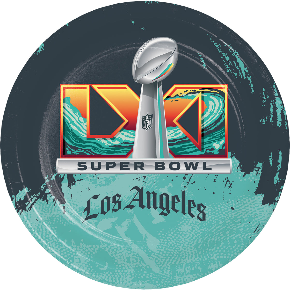 Round blue and grey Super Bowl LXI paper plate with "Los Angeles" text along the bottom
