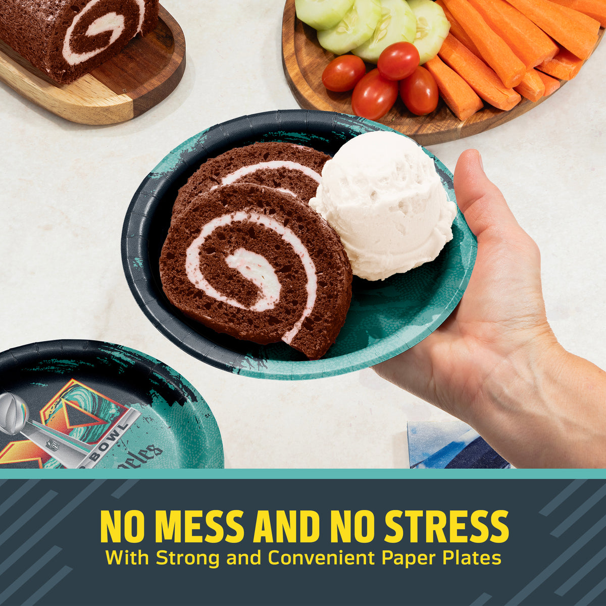 Hand holding an NFL Super Bowl LXI plate filled with chocolate cake and ice cream. Banner with "Clean-Up Made Easy" text along the bottom
