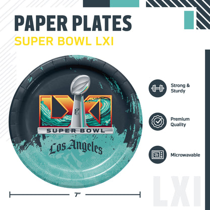 NFL Super Bowl LXI themed paper plates, featuring a 7-inch round plate with a blue and grey background and the Super Bowl LXI logo with the Lombardi trophy in the center. The image includes product specifications and feature icons on a white background.
