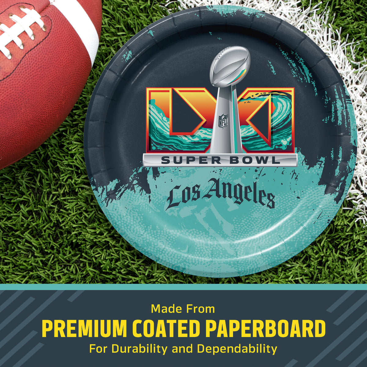 Super Bowl LXI themed paper plate on a green turf background next to a football, with a text banner at the bottom reading 'Made from PREMIUM COATED PAPERBOARD'.