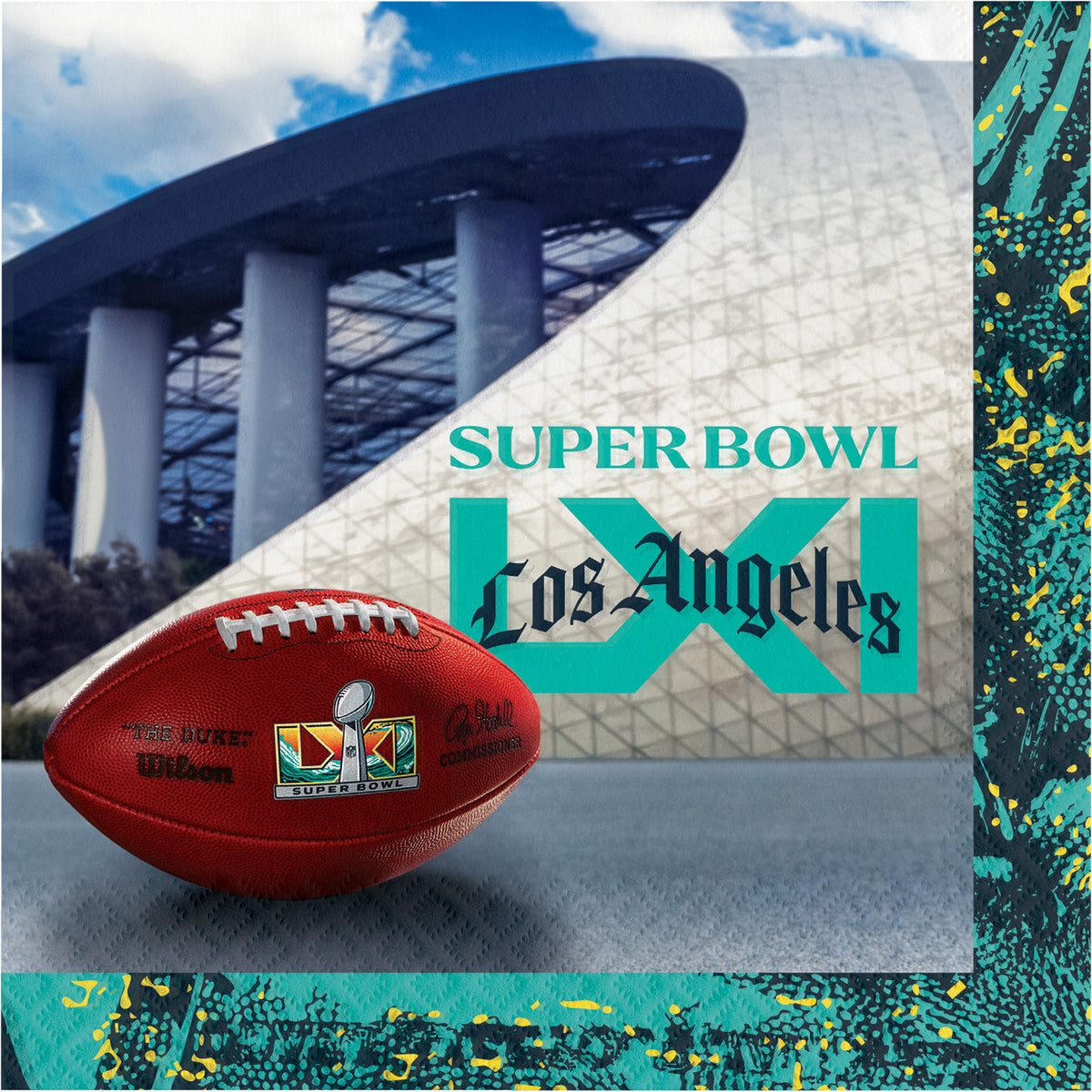 NFL Super Bowl LXI napkins with a football, Super Bowl logo and "Los Angeles" text overlaid on the top with SoFi Stadium in the background