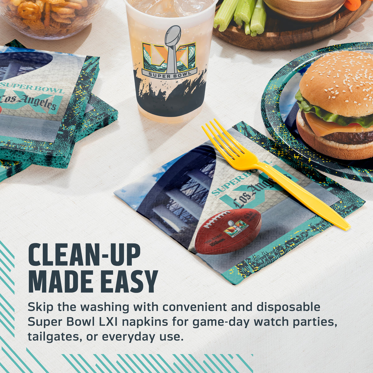 Super Bowl LXI napkins and cups on a table with food and a fork. Banner with "Clean-Up Made Easy" text along the bottom