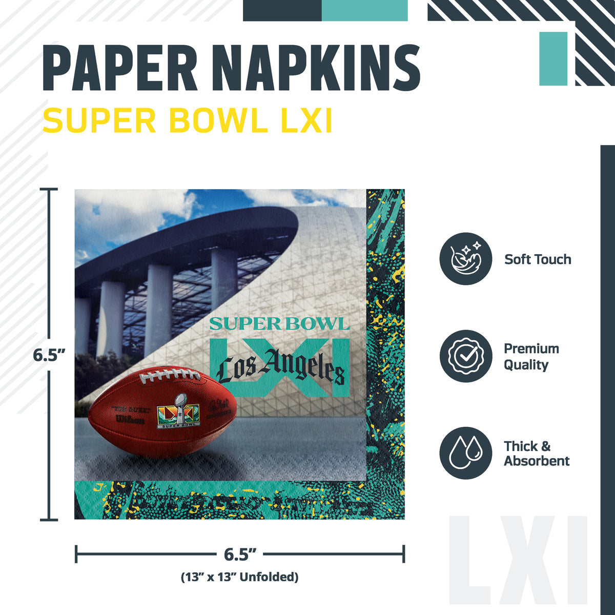 NFL Super Bowl LXI napkins with a football, Super Bowl logo and "Los Angeles" text overlaid on the top with SoFi Stadium in the background. Shown in a product graphic with dimensions and feature callouts.